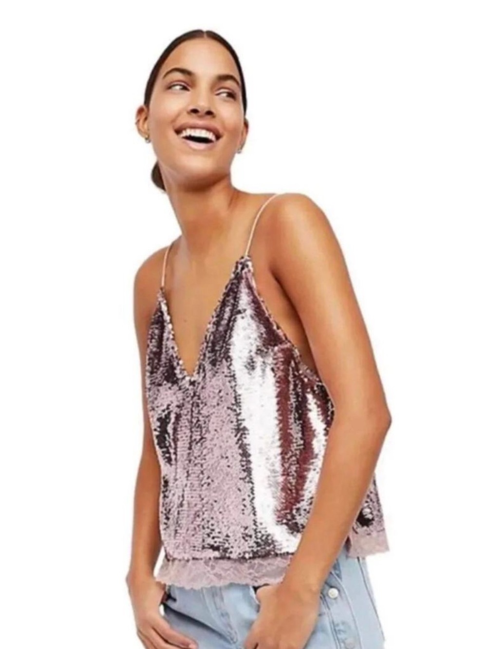 NEW* Free People Rose Gold Pink Sparkly Sequin Lace Cami Tank Top Size Small NWT